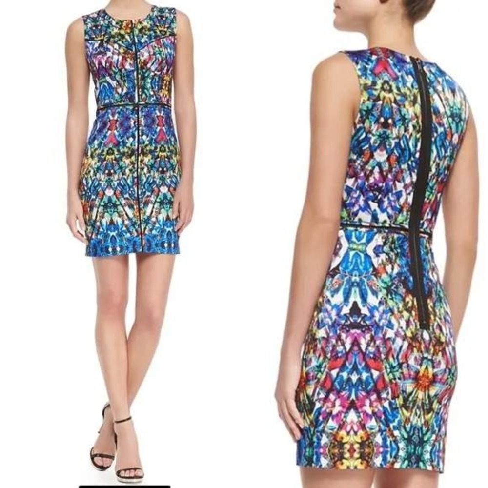 Milly $398 Size 10 Multi Color Kaleidoscope Angular Detailed Sheath Made in USA